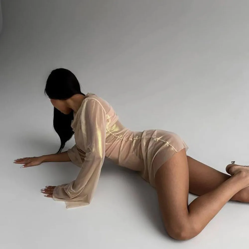 Sexy Women Dresses Mesh Bronzing Fashion Temperament See-through Micro Flared Long Sleeve Charming Short Golden Dresses