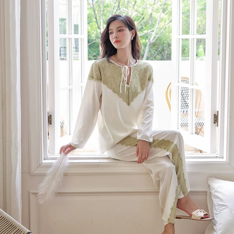 SXTHAENOO Fashion Loose Lace Sleepwear Long Sleeve Clothes Homewear Cute Pajamas for Women Warm Spring Green White Pajama Sets