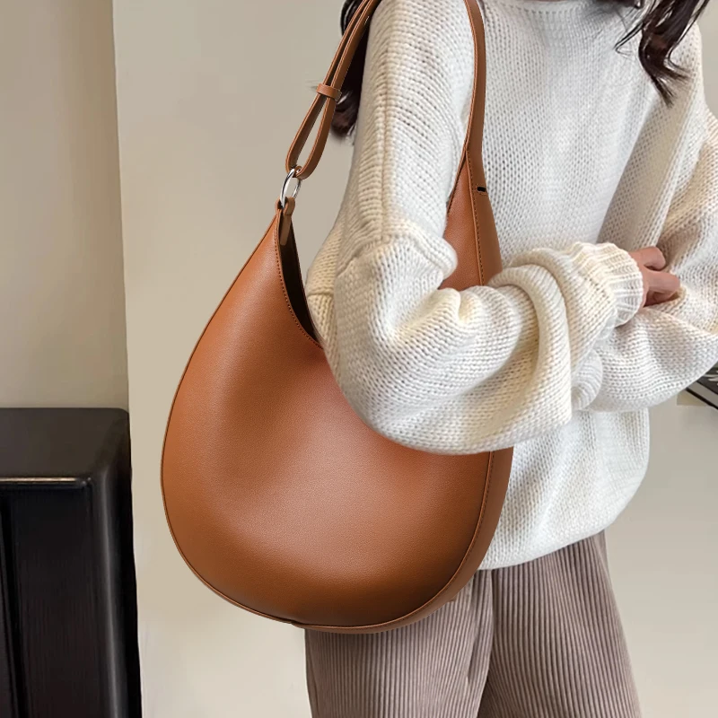 Genuine Cowhide Leather Women Hobo Bag, Adjustable Sling Shoulder Bag, Large Capacity Crescent Purse for Travel