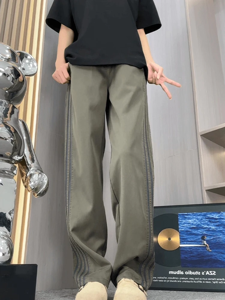 루즈핏 아메리칸 스트라이프 캐주얼 팬츠 남성용 밀리터리 스트레이트 레그 워크웨어 바지 드레이피 스포츠 롱 팬츠