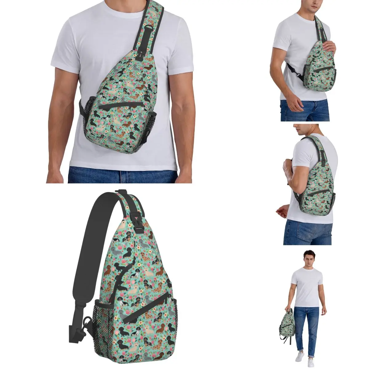 Dachshund Floral Do Vintage Florais Cão Crossbody Sling Sacos de Peito Saco Animal Ombro Mochila Mochila Viagem Caminhadas Viagem Pacote