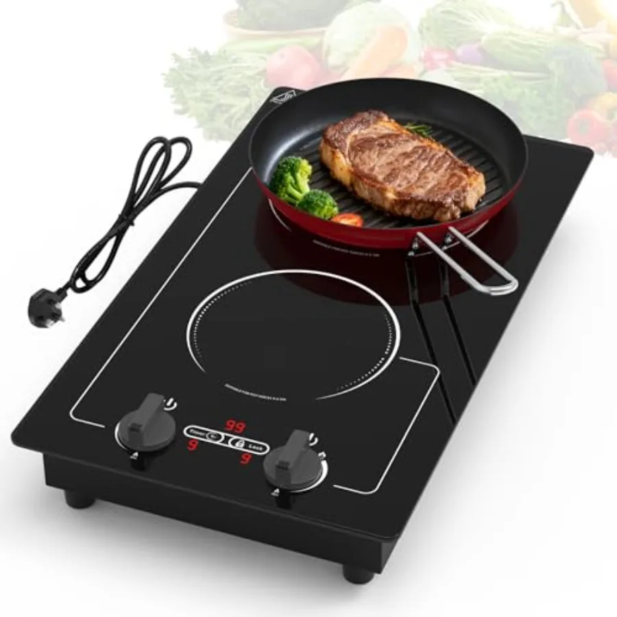 2 burner induction cooktop for kitchen use, black glass, 110V 2300W with LED touch screen, 9 power levels, kids lock, timer, ov