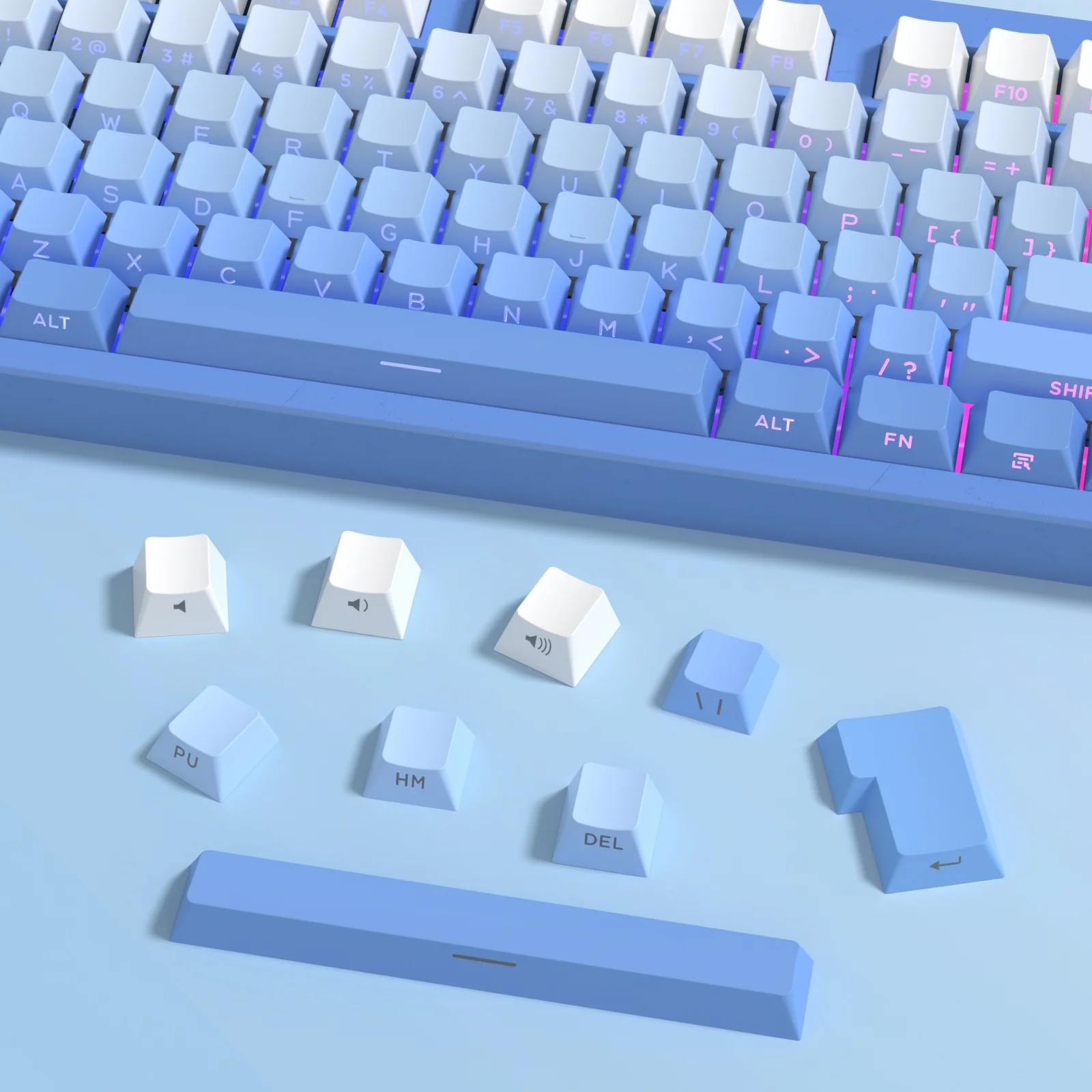 kbdiy gradiente azul keycaps para teclado mecanico do jogo pbt cereja keycap brilhar lado impressao atraves backlit caps 133 teclas 01