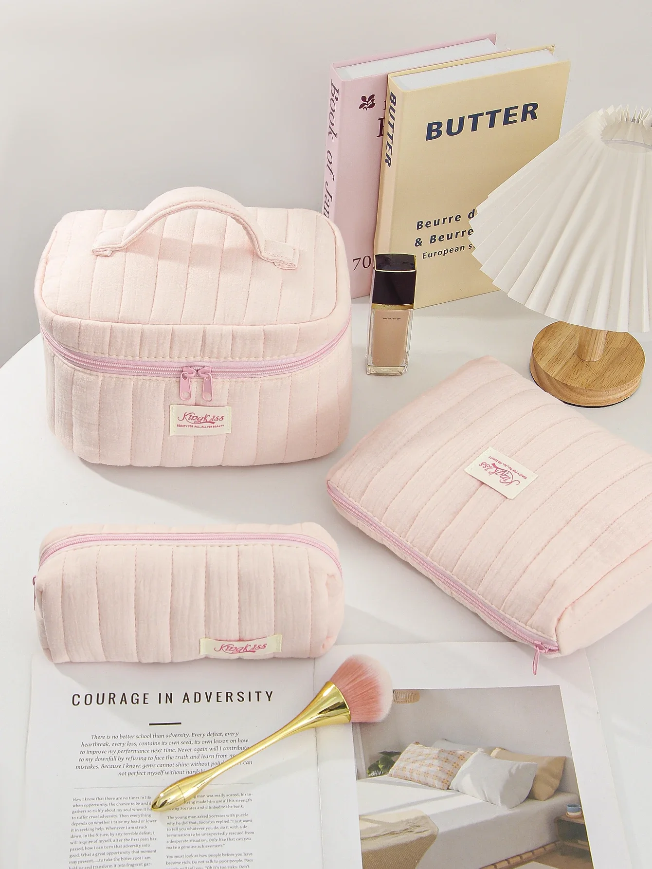 

1pc/set pink quilted makeup bag, multifunctional makeup bag, handheld makeup bag, portable makeup bag set with zipper Makup bag