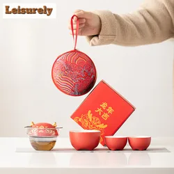 China-chic Red Dargon Travel Tea Set Kit Handmade 1 Pot 2 Cups Household Tea Brewing Travel Tea Set Portable Stock Bags Cafe