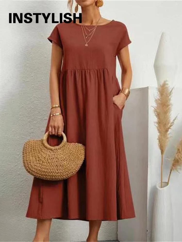 Vintage Solid Midi Dress Casual Short Sleeve Cotton and Linen Harajuku Oversized Long Dress Women Summer Y2K Maxi Sundress 2022