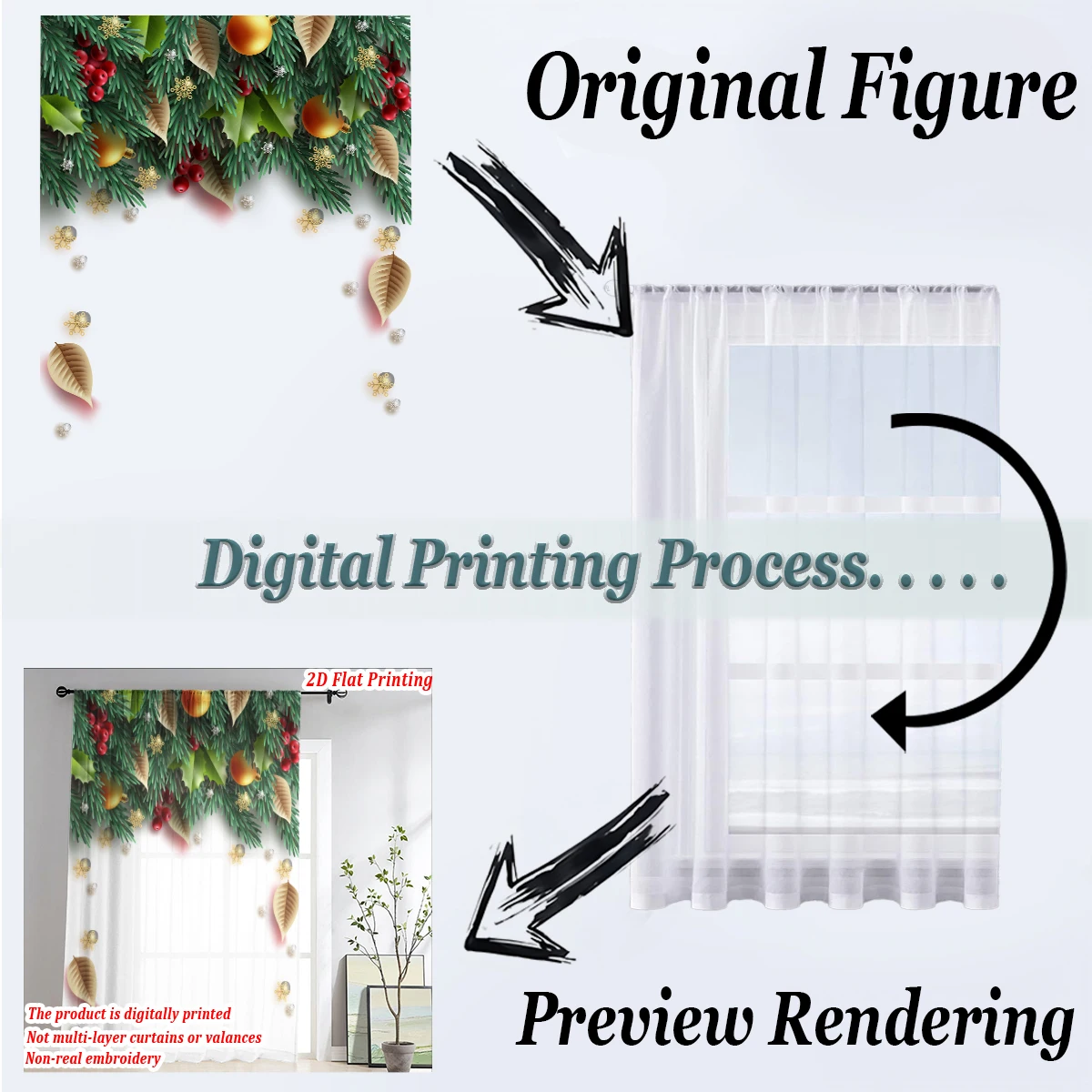 ستارة شفافة مطبوعة مسطحة لعيد الميلاد مع زخرفة ندفة الثلج على شكل ورقة عيد الميلاد لغرفة المعيشة وغرفة النوم وحفلات العطلات