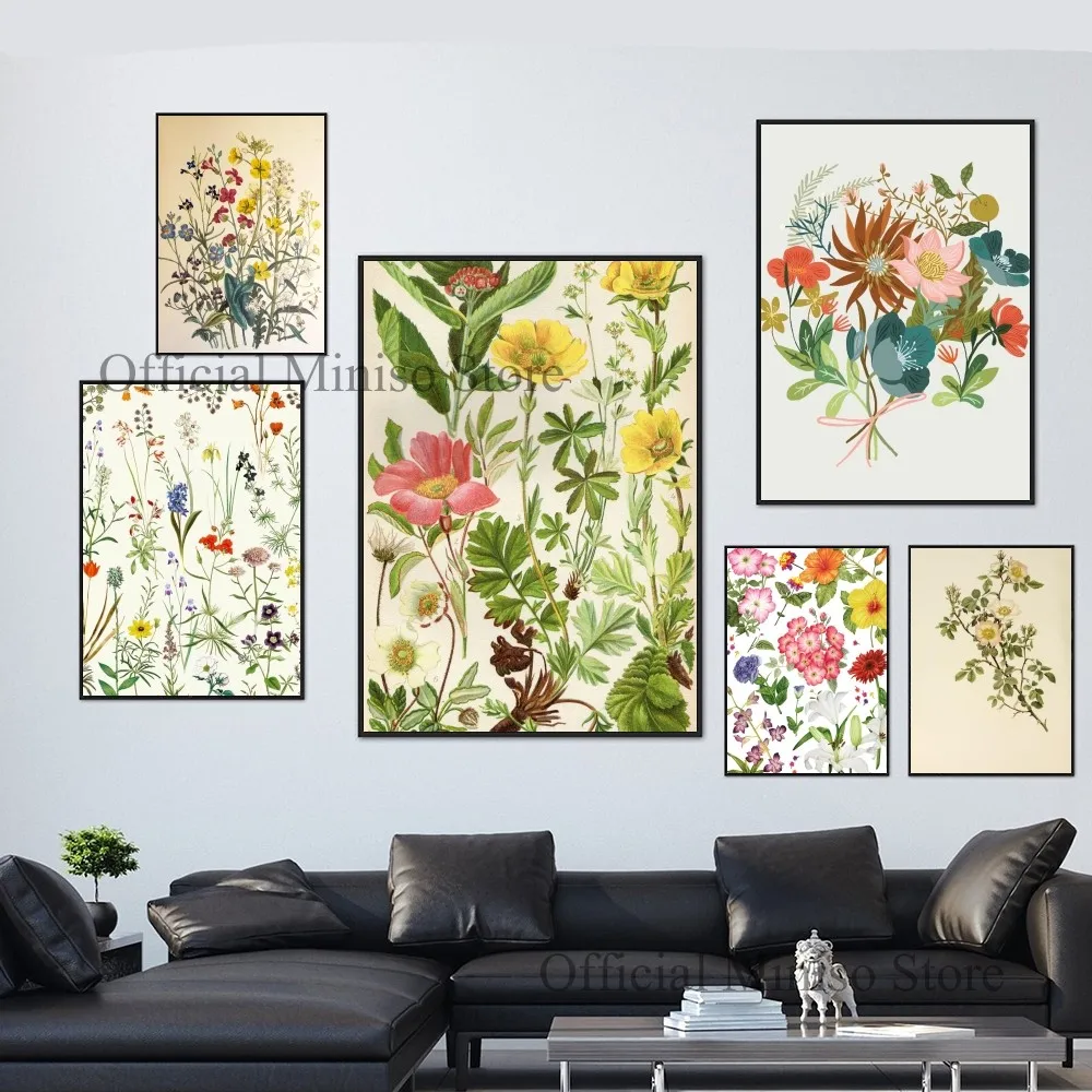 1pc Vintage Wildflowers Botanical Flower Poster Self-adhesive Art Waterproof Paper Sticker Coffee House Bar Room Wall Decor