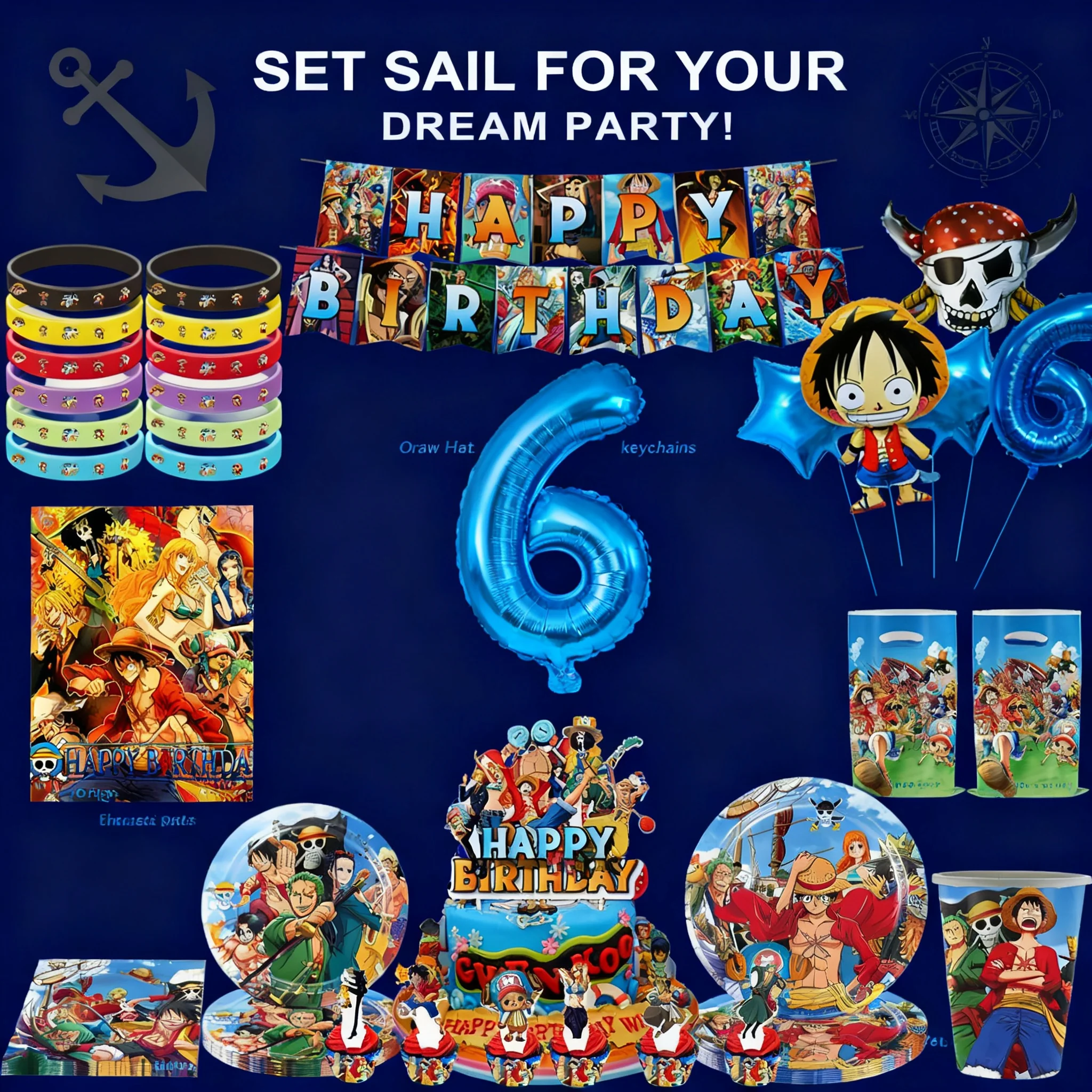 

One Piece Birthday Party Decorations Luffy Zoro Sanji Nami Chopper Anime Party Supplies Tableware Keychains Gift Bags Stickers