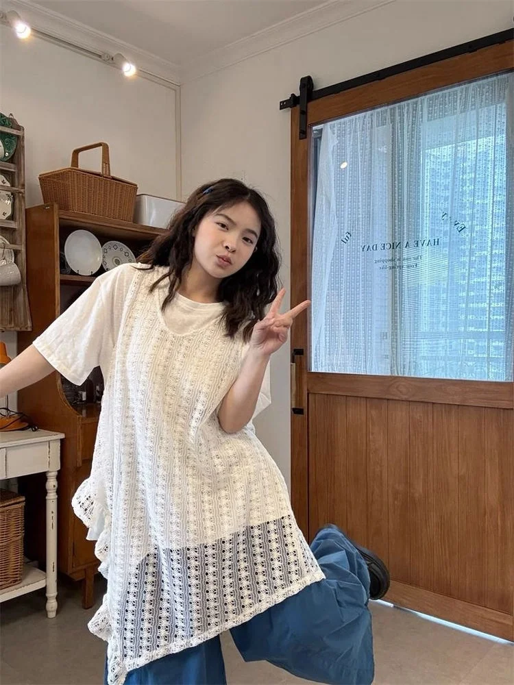 

Retro Japanese Style Women's Summer Design Lace Hollow out Short Sleeve T-Shirt Set Two Piece Suit Floral Cut out Top