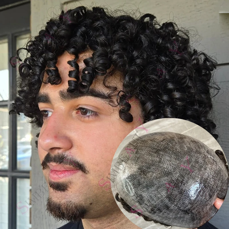 

Мужской парик-накладка из натуральных черных кудрявых волос 20 мм, серо-коричневый, суперпрочный, на тонкой кожаной основе, с естественной линией роста волос