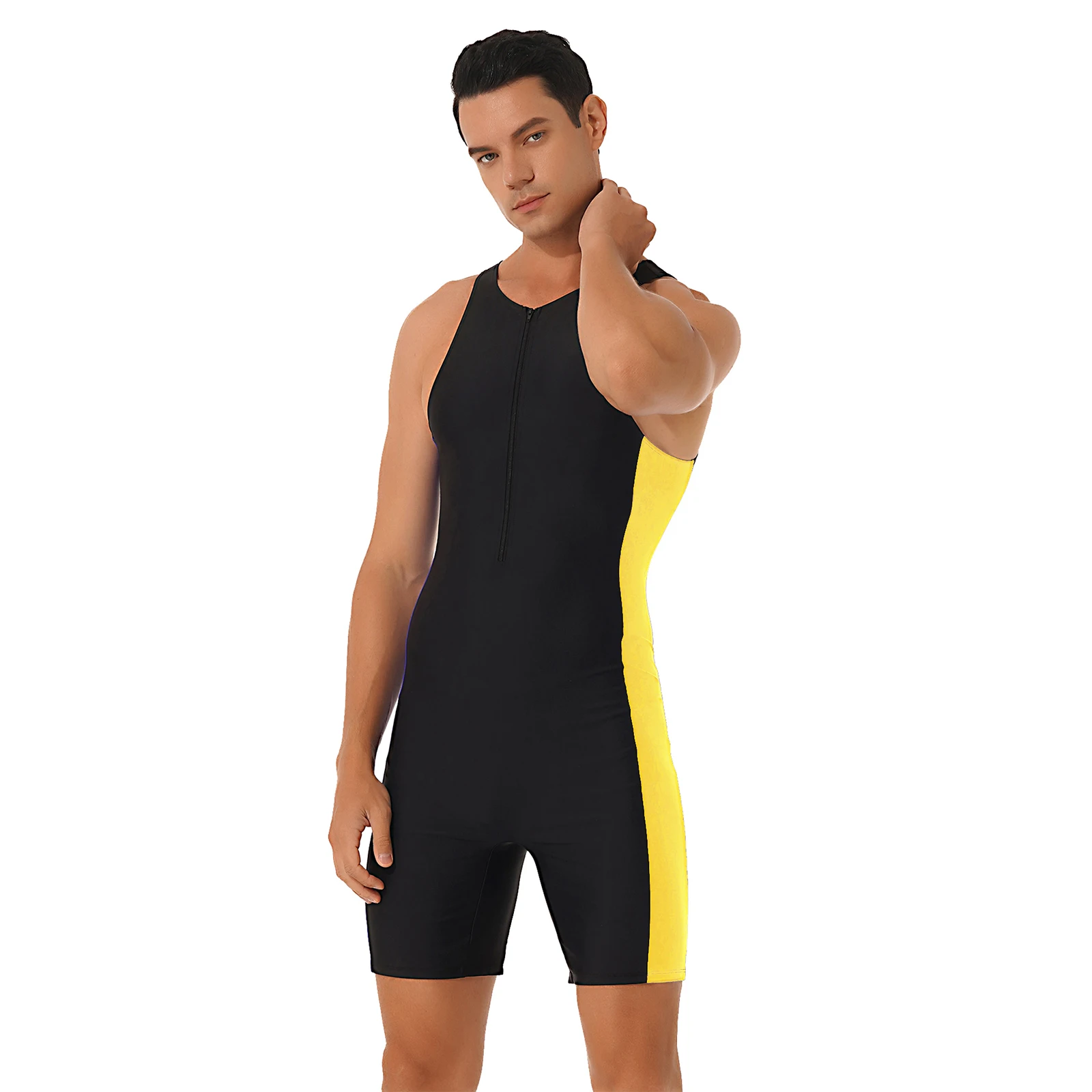 Men\'s Swimsuit One-piece Swimwear Round Neck Sleeveless Side Shorts Bodysuit Triathlon Wetsuit for Beach Pool Swimming Bathing