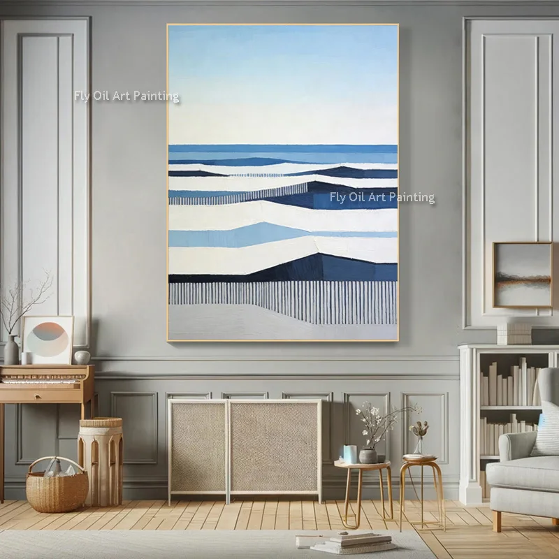 

Modern Blue White Seaside View Oil Painting New Fashion Design Simple Ocean Scape Artwork On Canvas For Home Wall Decor As Gift