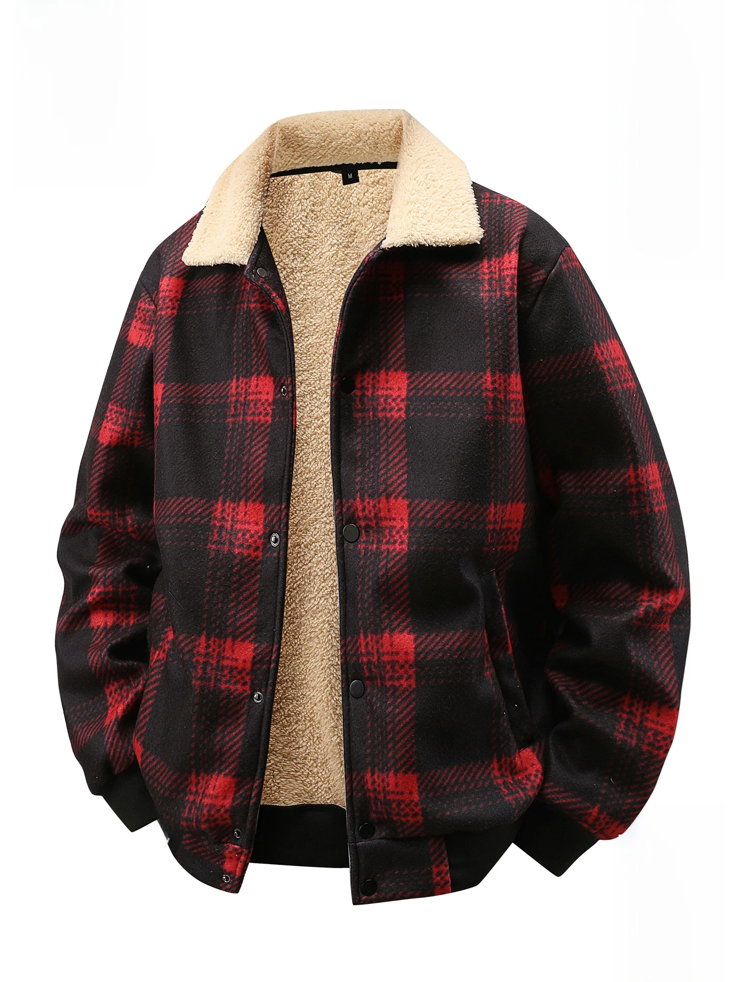

PaulFrank Thiened Flannel Collar Jaet Men's Winter New Year Red Plaid Fce Lined Outerwear Casual Loose Fit Polyester F...