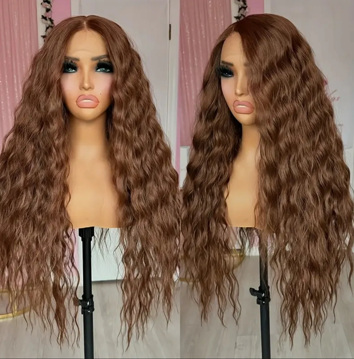 شعر مستعار بني مجعد طويل الاصطناعية الدانتيل الجبهة الباروكات للنساء فضفاض مجعد الدانتيل الباروكة بني فاتح شعر مستعار موجة طبيعية الاستخدام اليومي تأثيري #5