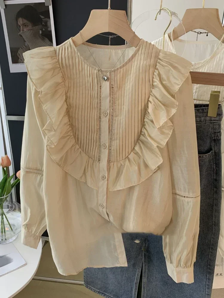 

Блузка для женщин, плиссированные белые рубашки с рюшами, 2024, Blusas Mujer De Moda, милые топы с круглым вырезом и длинными рукавами, летние тонкие блузки