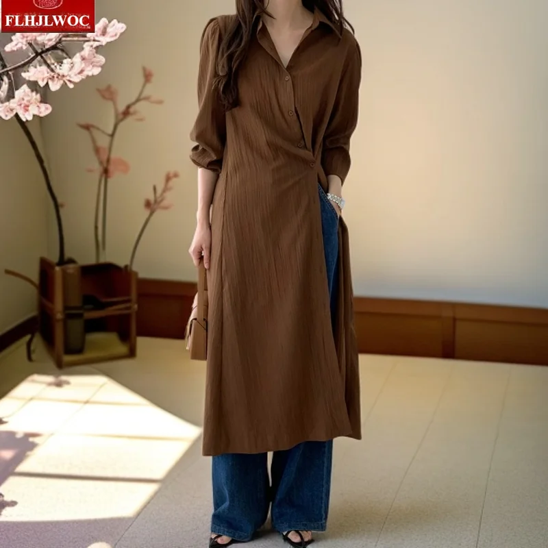 ゆったりとしたローブドレス、シックな韓国風、フェミニンなワンピース、女性用長袖カジュアルレトロヴィンテージ、ラップアップボタンシャツドレス