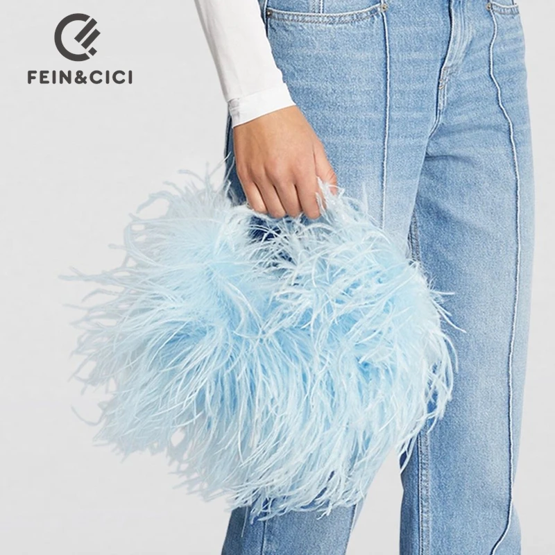 Pearl bead bag with Ostrich feather fur designer brand Clear Acrylic crystal stone box tote handbag women handmade party purse