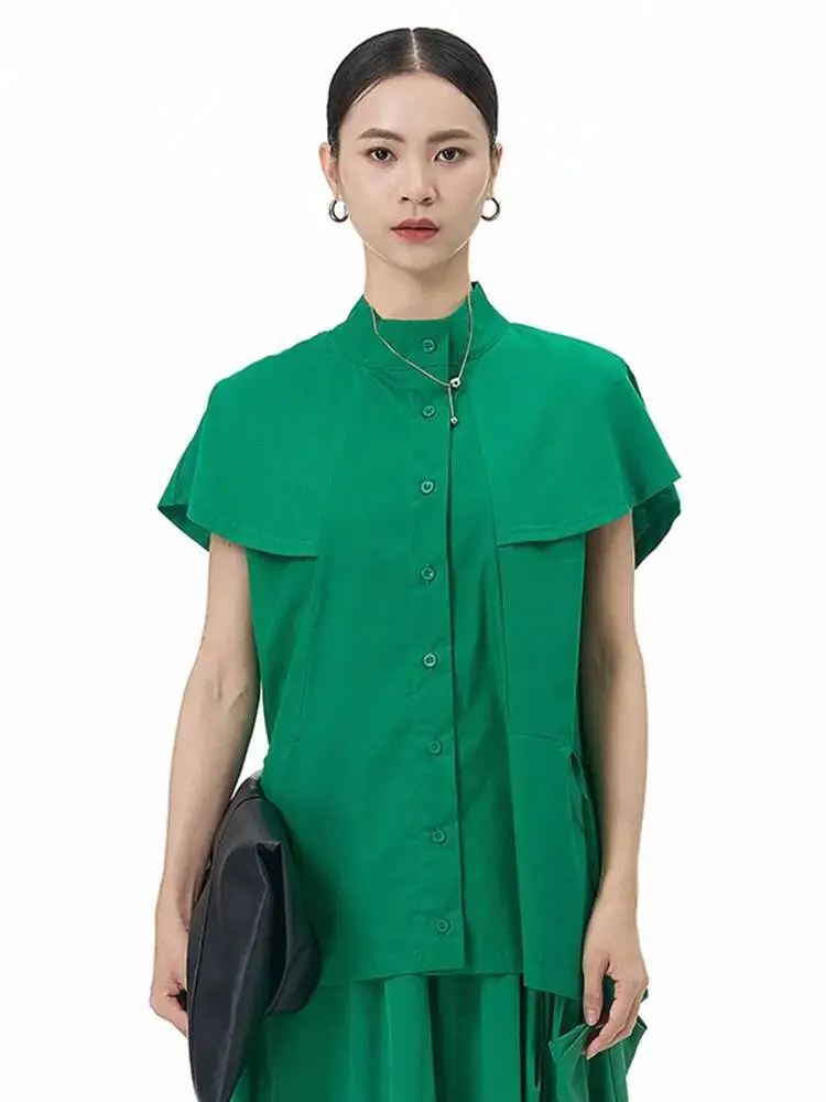 

Women Green Irregular Big Size Elegant Blouse New Stand Collar Short Sleeve Shirt Fashion Tide Spring Summer