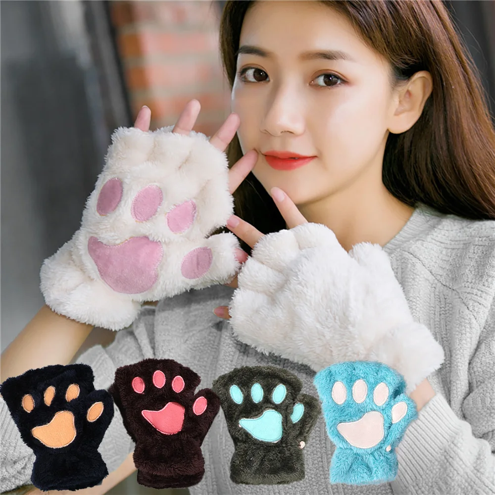 Bear Paw Half Finger Gloves For Women Thick Plush Winter Faux Fur Gloves Cute Gloves Christmas Halloween For Women Girls