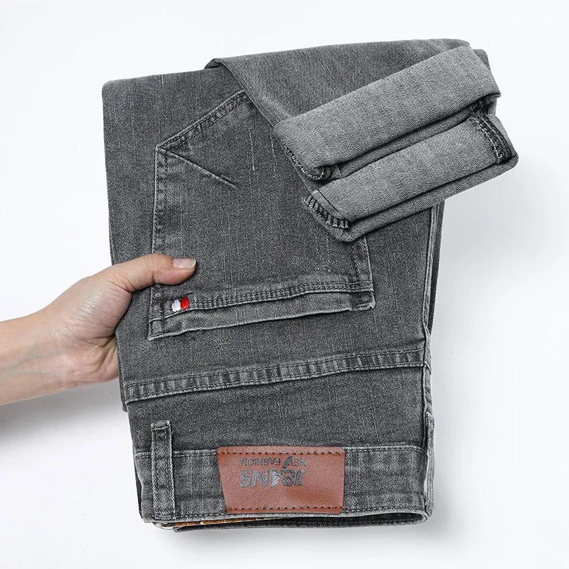 Men\'s Stretch Slim Fit Jeans Gray Korean Fashion Skinny Small Straight Denim Pants Spring Autumn Casual Trousers Male Clothes