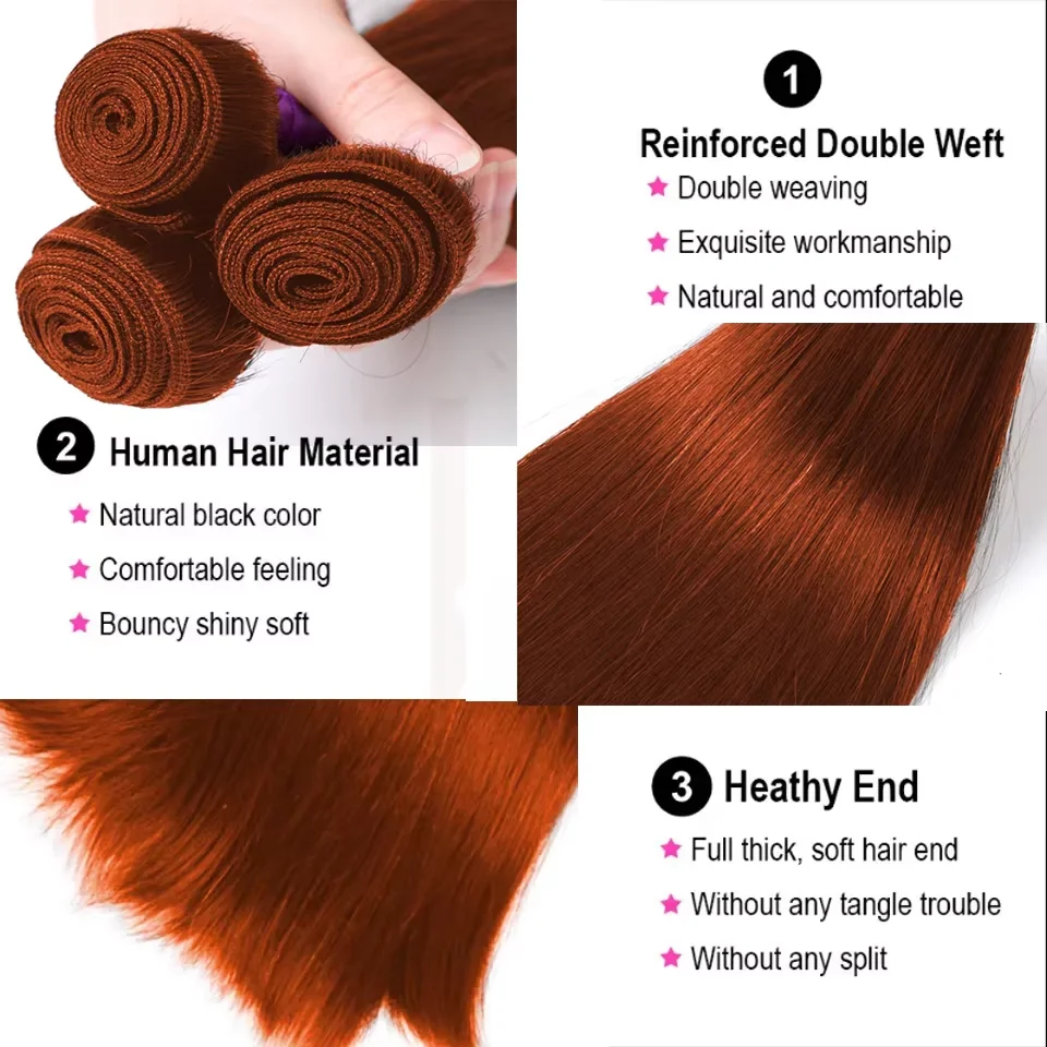 24 26 30 Ginger Orange 100% Human Hair Bundles #350 Colored Bone Straight Brazilian Raw Virgin Weaving Double Weft Bundle Deal