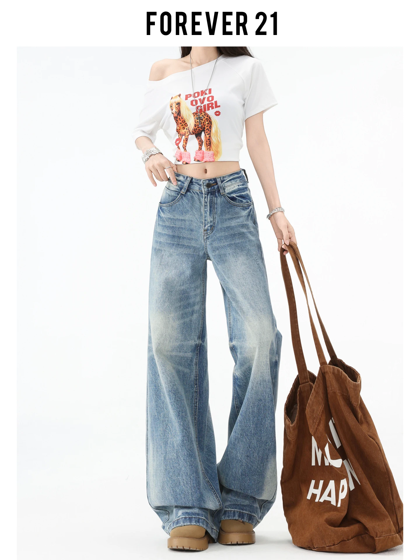 Calça Jeans Feminina Forever 21 Retrô de Cintura Alta e Perna Larga, Calça Longa Reta Slim, Jeans Azul Casual e Moderno de Cintura Alta