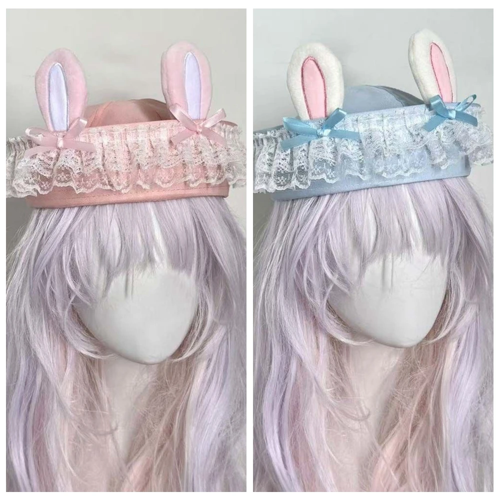 

Japanese Style Sweet Pink/Blue Rabbit Ear Bowknot Empty Top Lace Lolita Cap Summer Hats Accessories