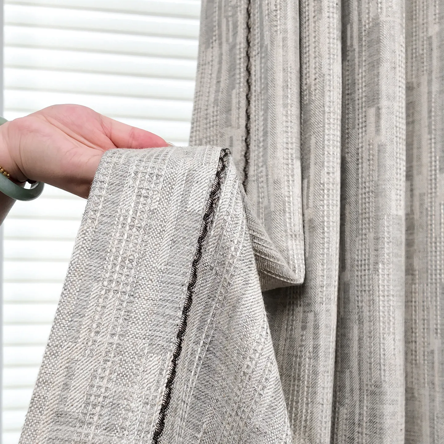 Beige Textured Jacquard Wool Linen Blackout Curtains for Living Room French Window Customized Finished Partition Curtain