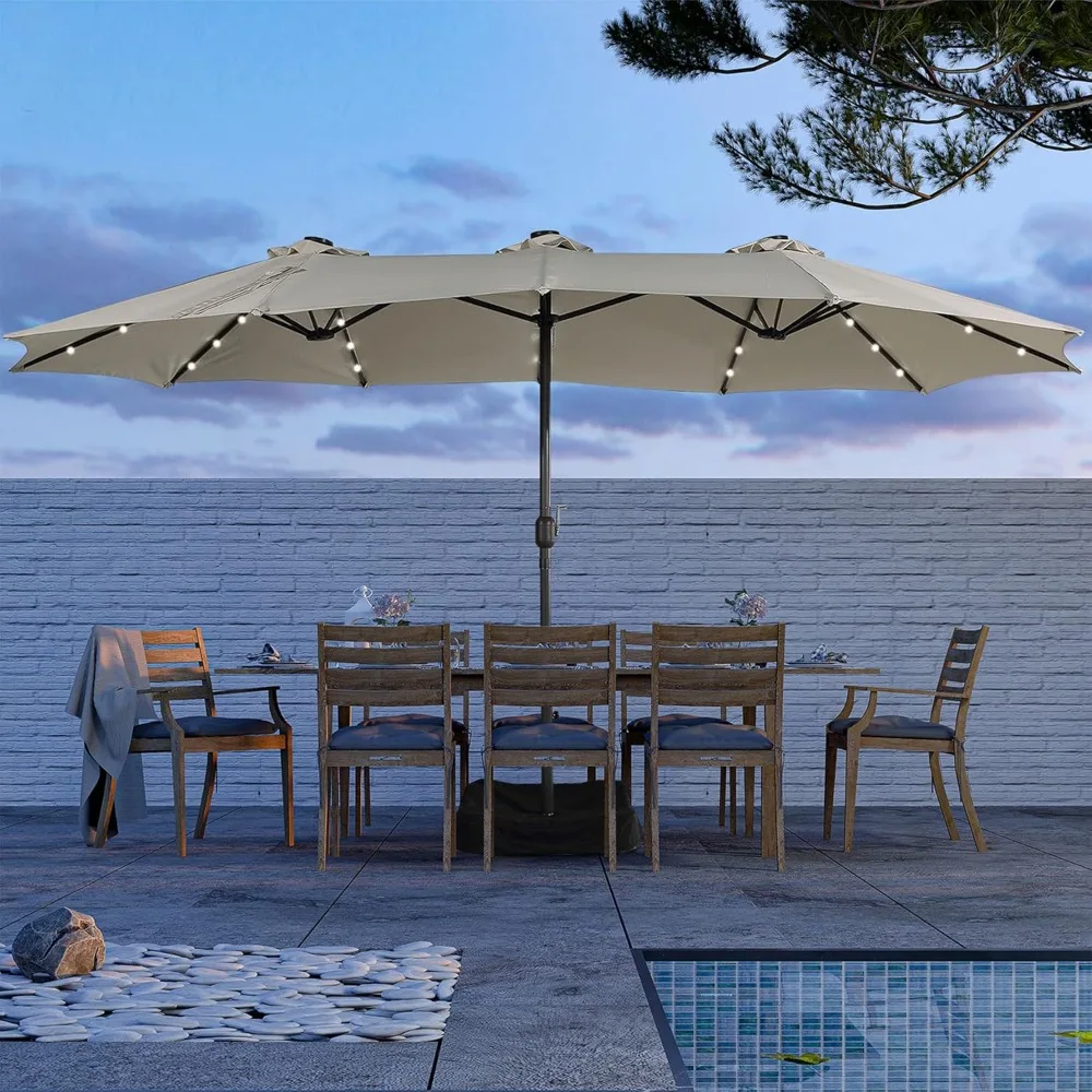 

15ft Patio Umbrella with Solar Lights(Base Included) Large Outdoor Double Sided Umbrella Aluminum Rectangular Market Tab