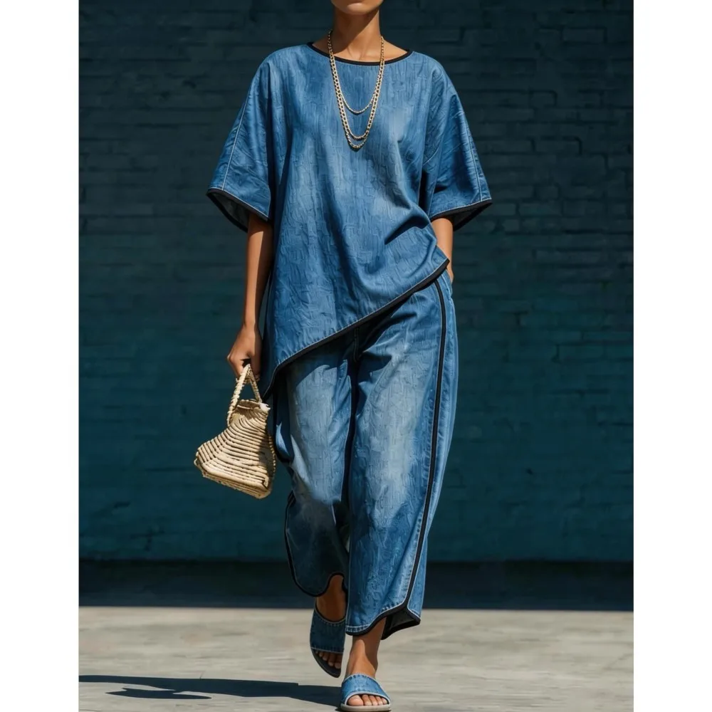 Summer New Casual O Neck Short-sleeved T-shirt Top Suit Women Fashion Splicing Piping Loose Wide-leg Trousers Female 2-piece Set