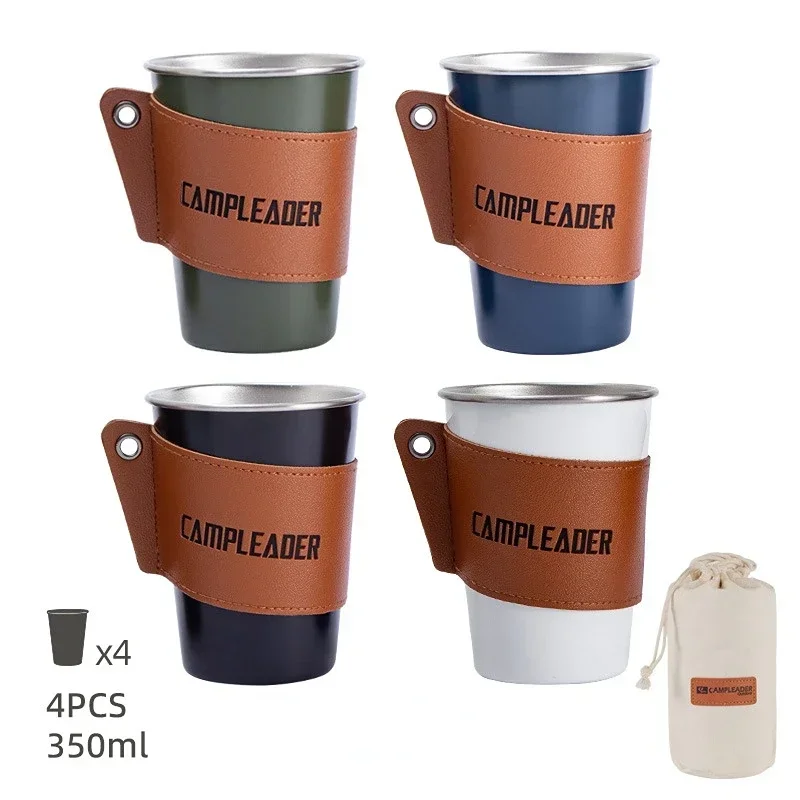 350ml Camping Travel Cup Stainless Steel Beer Wine Cups Coffee Tumbler Tea Milk Mugs Metal Water Pint Cups with Leatheroid Cover