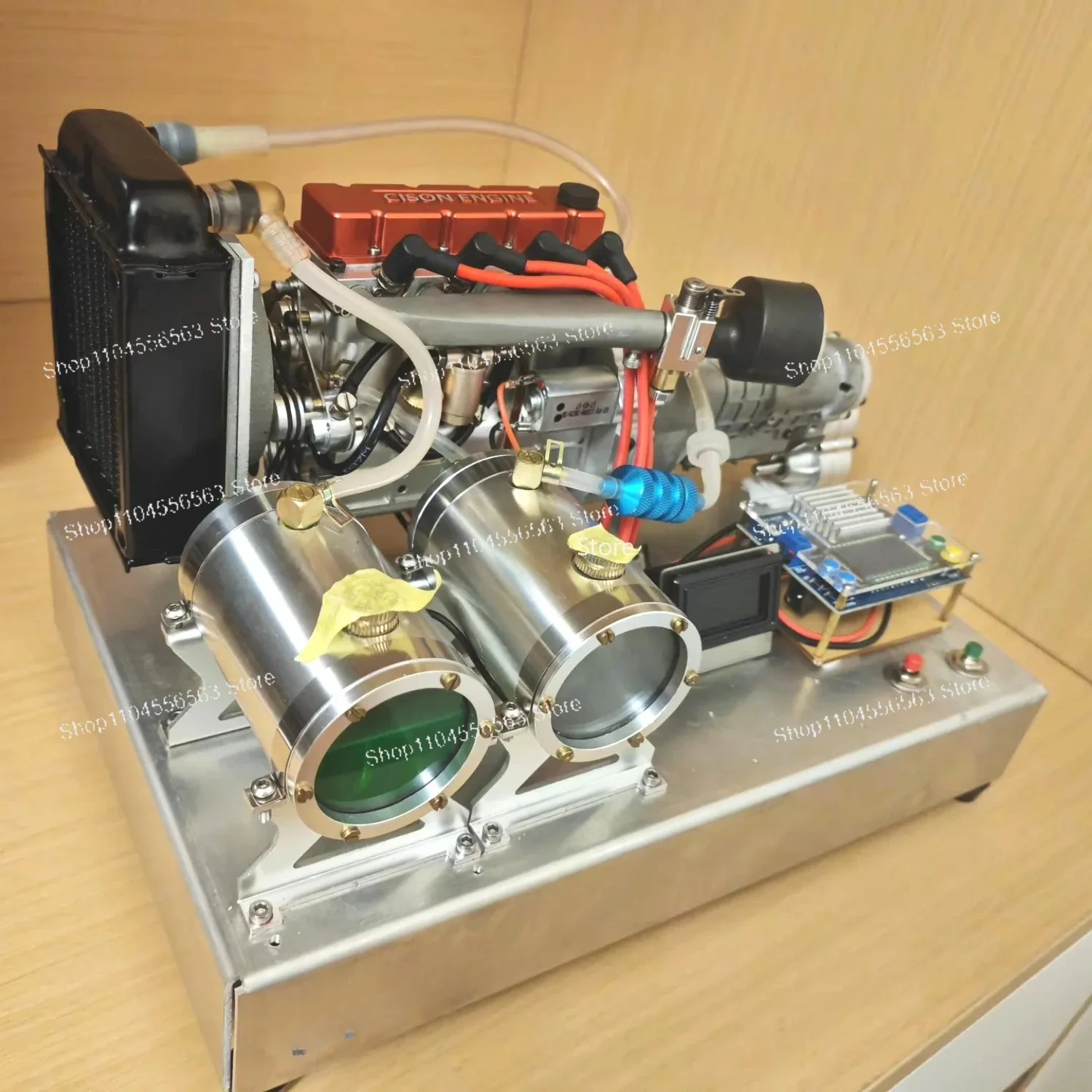 Metal L4 Inline 4 Cylinder Engine Model with Gearbox & Base, Finished Assembly Internal Combustion Engine Toy