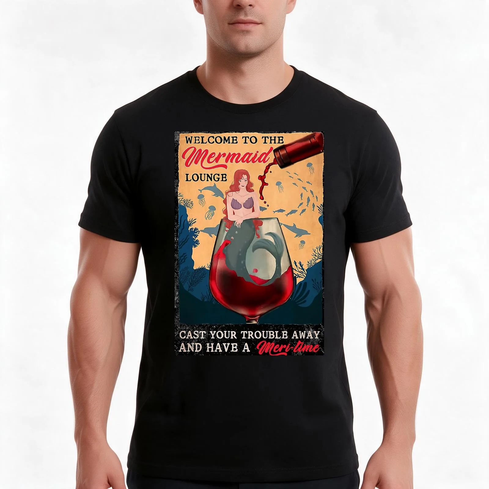 welcome to the mermaid lounge cast your trouble away and have a meri time T-Shirt, Summer Casual Cotton Tee, Unisex Men Women