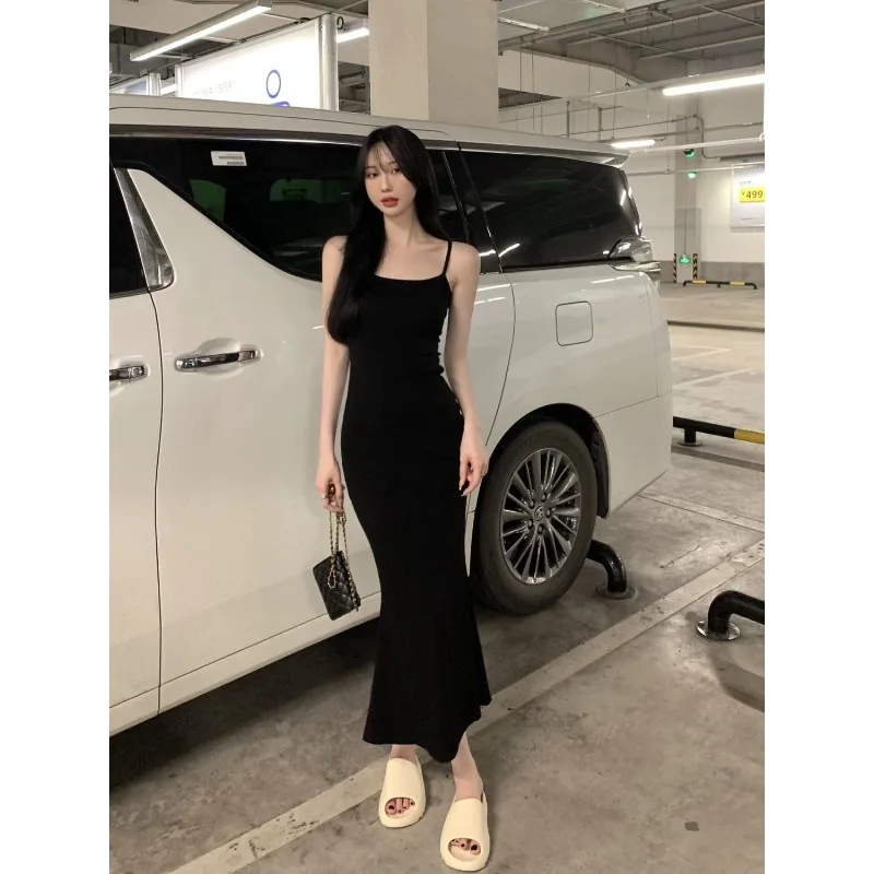 Women Spring Summer Spaghetti Strap Lady Dress Sleeveless Girl Student Solid Color Waist-cinching Bodycon Tight Skirt Long Skirt