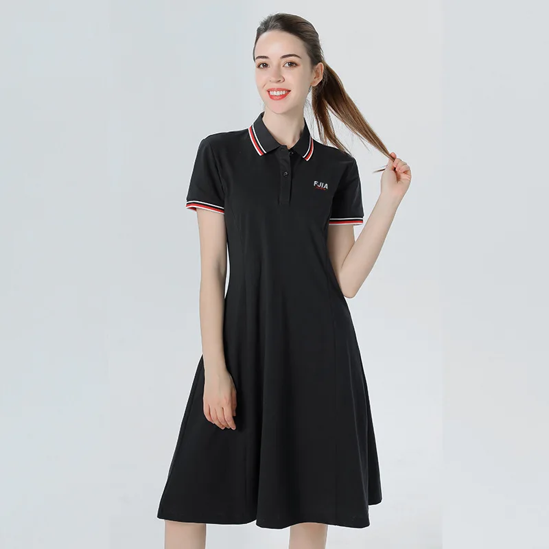 Women's Skirt 2024 New Simple Stitching Lapel Mid-Length Short Sleeve A- line Dress 2202