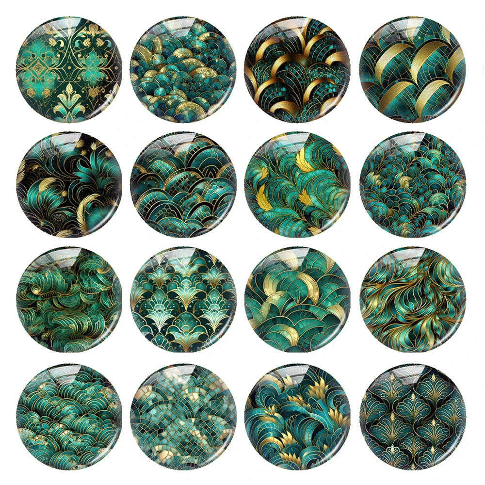 Handmade Green Geometric Pattern Photo Glass Cabochon Charms Flatback Demo Flat Back Cameo For Diy Jewelry Making Accessories