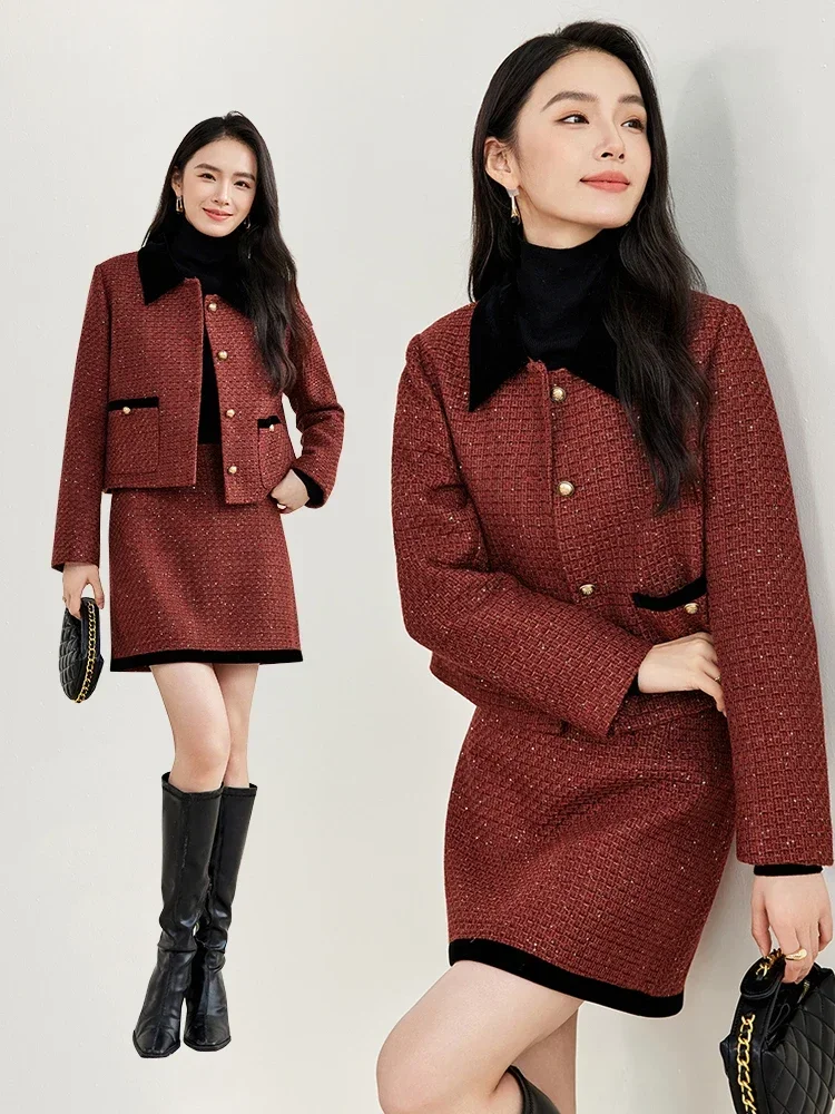 SENTUBILA Sequins Tweed 2 Piece Sets Women Spliced Cropped Jackets Straight Mini Skirt 2024 Winter Elegant Skirt Sets 144Z57942