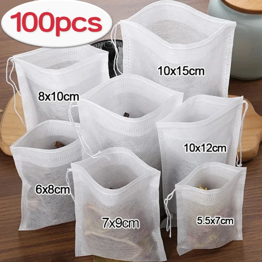 100pcs Disposable Teabag Non-Woven Fabric Tea Filter Bag For Spice Tea With Drawstring Sealed Kitchen Teaware Herb Loose Teabags