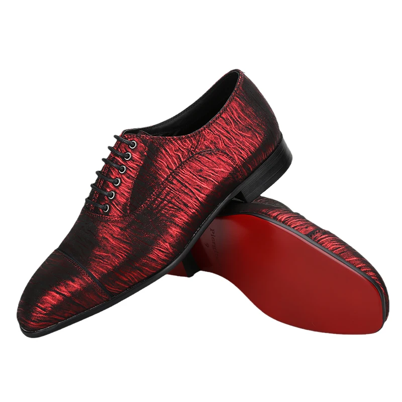 Piergitar Red And Black Striped Embossed Sheepskin Handmade Oxfords Lace-up Men's Formal Shoes Suitable For Wedding Suit Wear