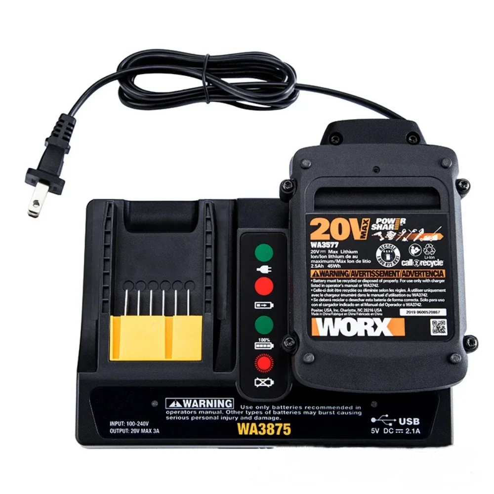 WA3875 Charger Replacement For Worx 20V WA3770 WA3520 WA3525 WA3575 Dual-Port 20 MAX Li-ion Battery Charger with LED Indicator