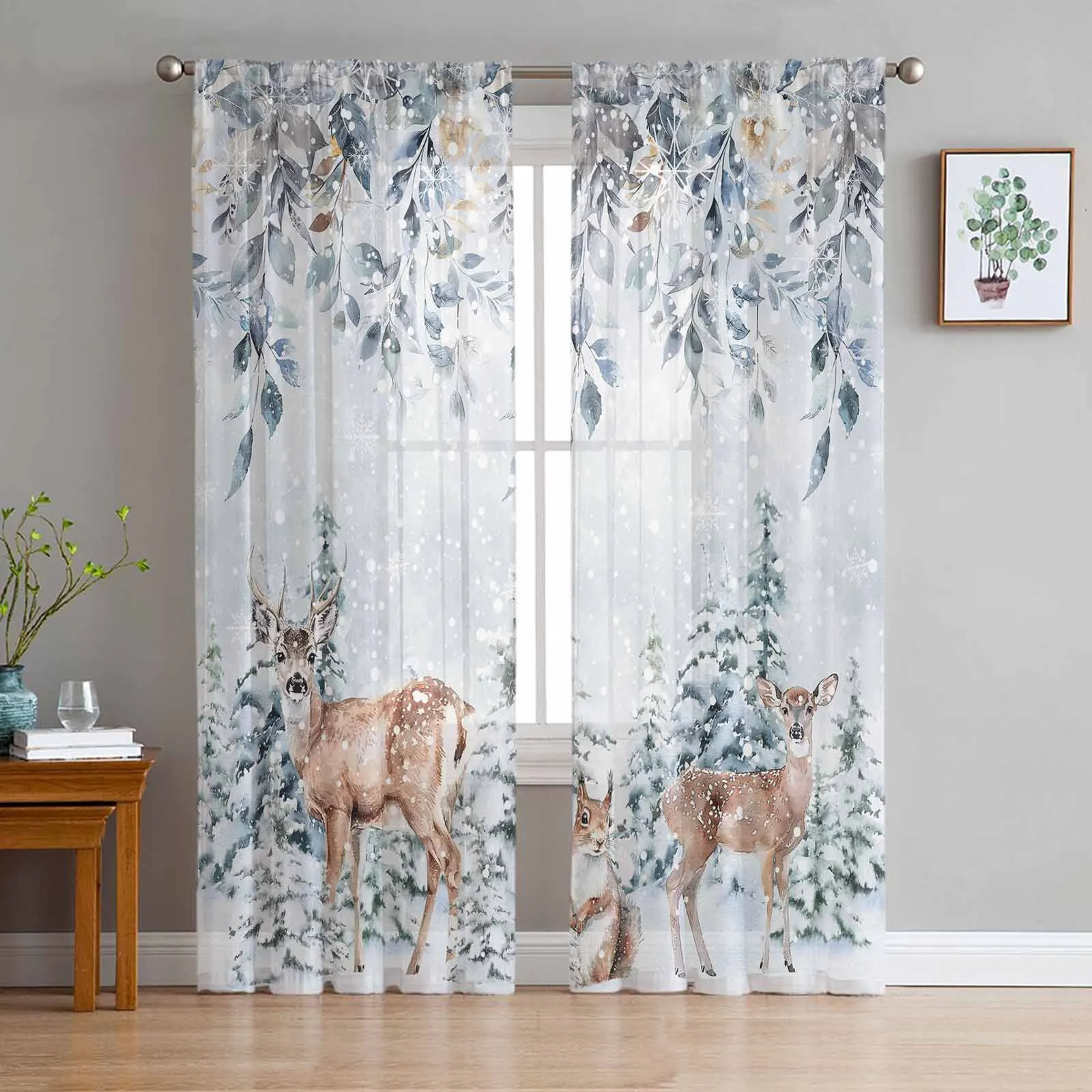 Christmas Leaves Snowflake Squirrel Elk Tulle Curtains for Living Room Decor Modern Chiffon Sheer Voile Christmas Curtains