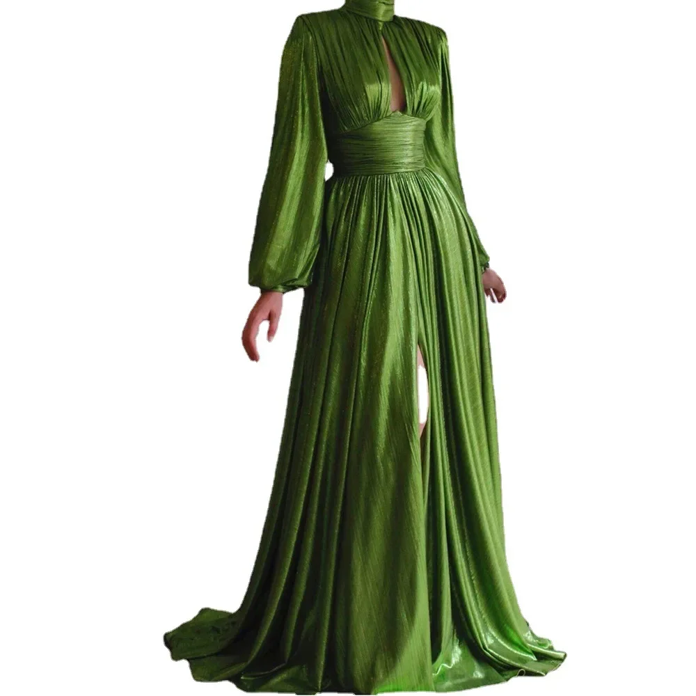 

2023 spring and summer fashion color waist hanging neck big swing sexy avocado green dress color long skirt female