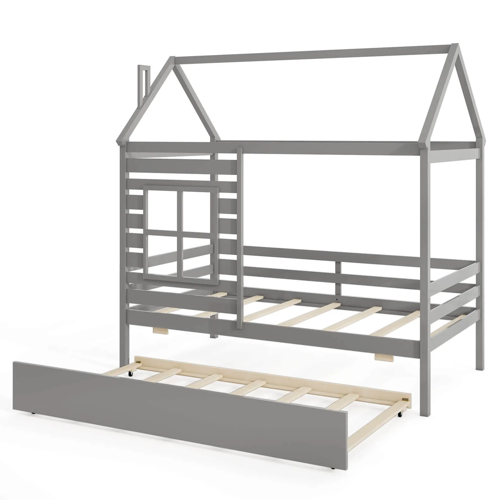Lit de maison de taille avec lit plateforme en bois avec cheminée et fenêtre de toit