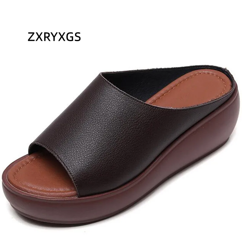 

ZXRYXGS Top Cowhide Outdoor Wear Real Leather Slippers Women Sandals 2024 Summer Fashion Versatility Retro Casual Slipper Wedges