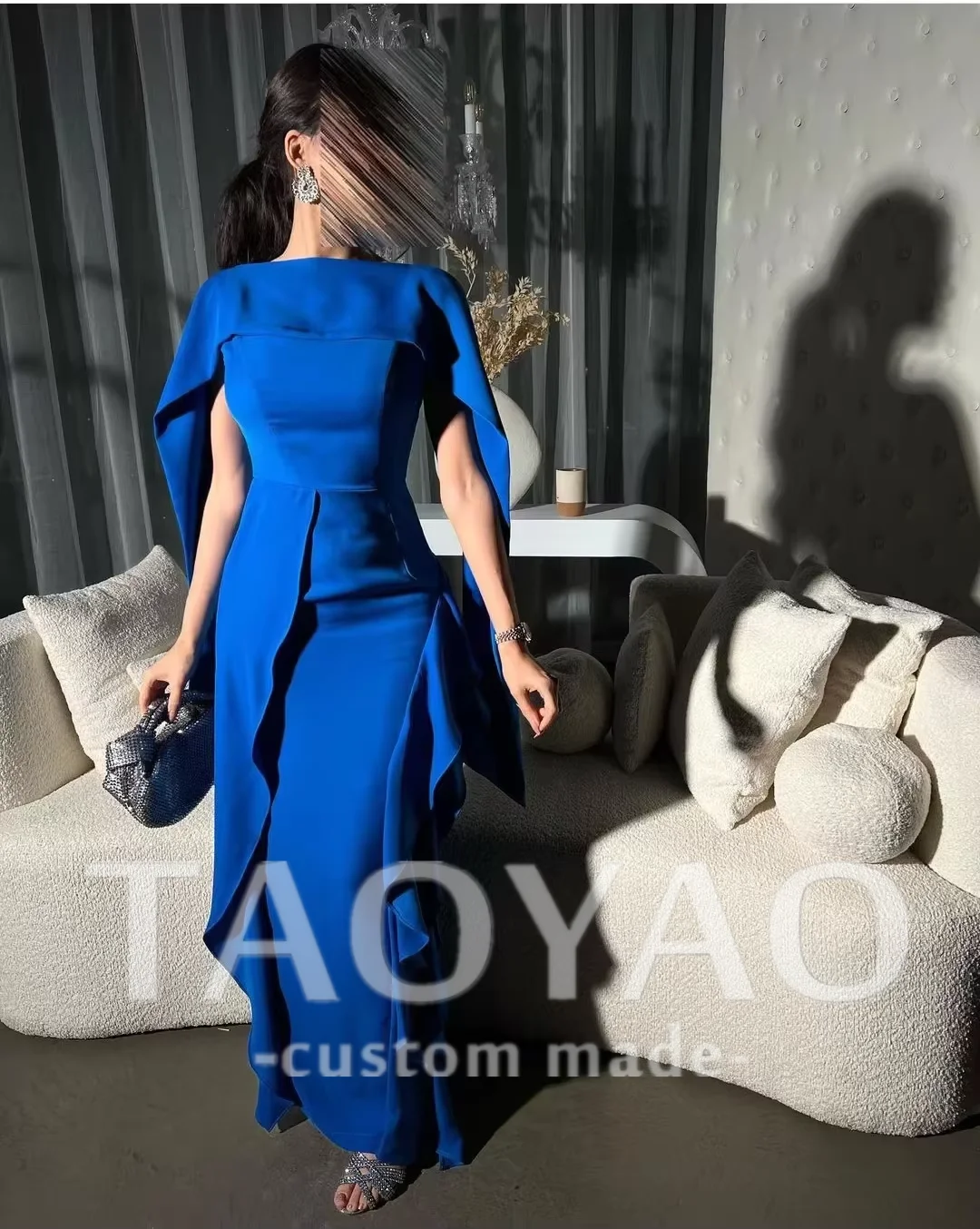 

TaoYao Blue Evening Dresses Customized Floor-Length Pleated Women Elegant Simple Party Dress 2023 Saudi Arabic فساتين السهرة