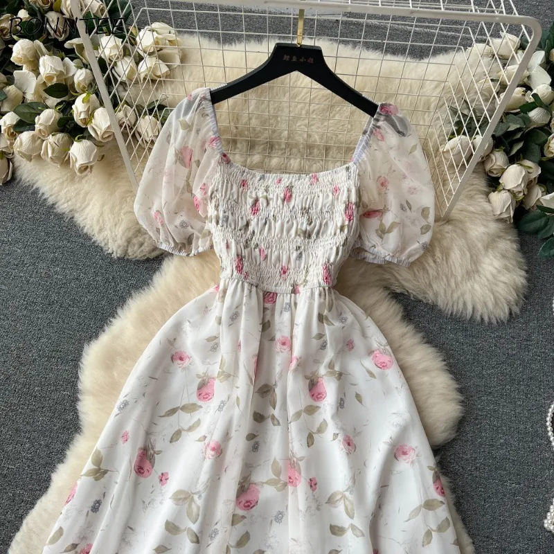 Floral Dresses Women Sweet Gentle Casual Square Collar Defined Waist Chic Popular Korean Fashion Puff Sleeve Vestidos Summer