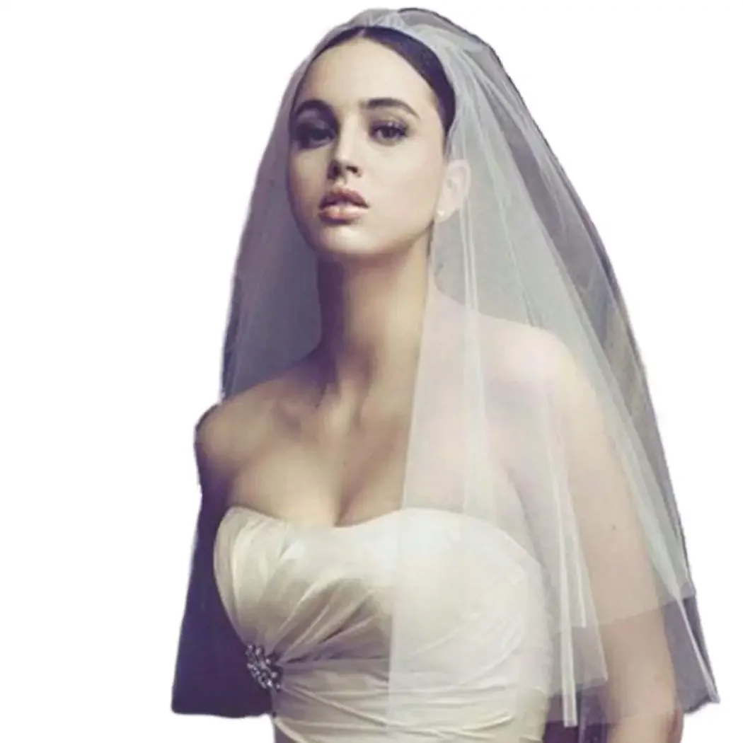 2 Tiers Bride Wedding Veil  Short Elbow Bridal Tulle Headpieces with Comb Lace Edge for Women