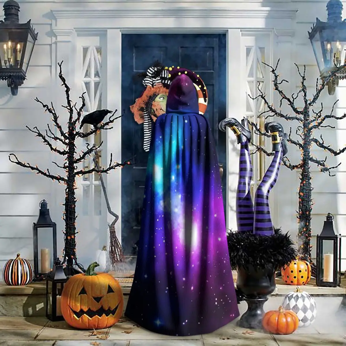 Constellation Star Clusters Galaxies Print Halloween Long Hooded Cloak Witch Medieval Costume Cosplay Cape HalloweenVampire