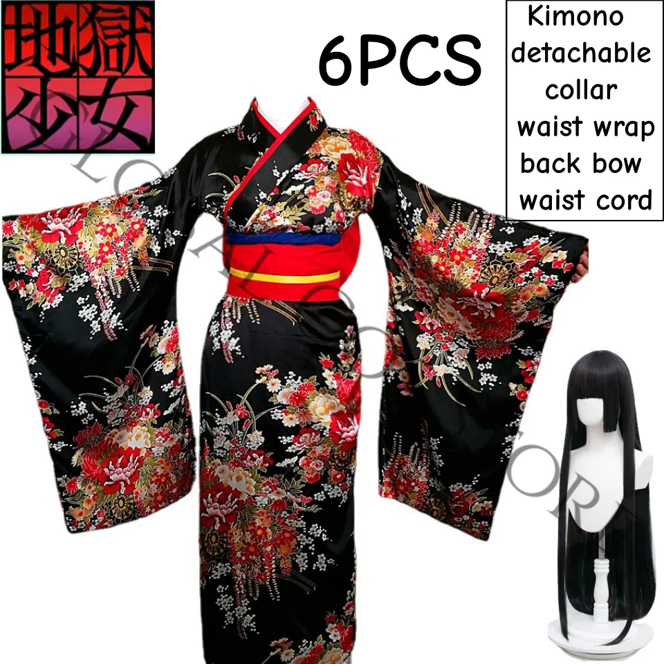 

Enma Ai Cosplay Kimono Costume Anime Jigoku Shoujo Elegant Floral Kimono with Rich Print and Wig Set Comic Con Roleplay